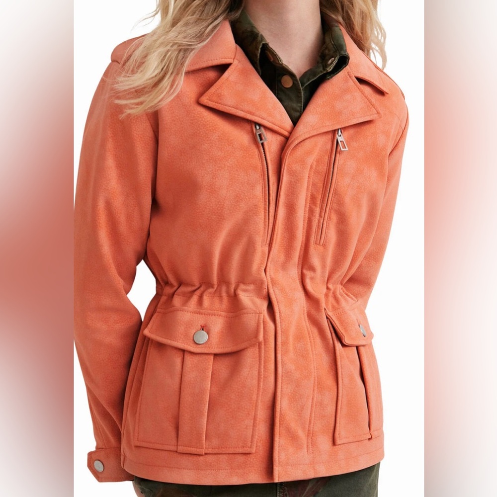 NEW*DESIGUAL Chaq_amar Faux Leather Straight Multipocket Jacket~XLARGE~orange